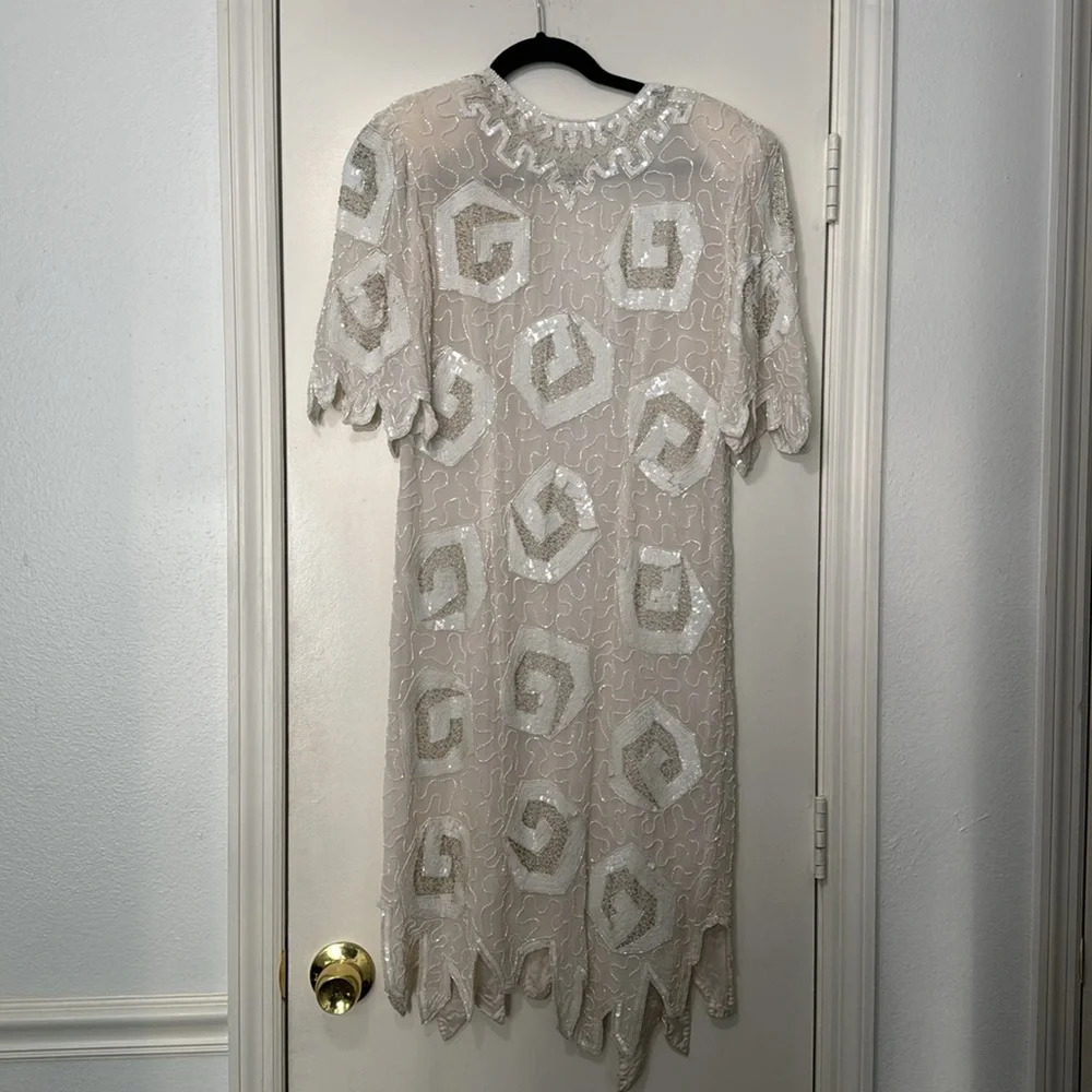 Vintage Judith Ann Creations Bridal Ivory 100% Silk & Beaded Sequin Dress Size M